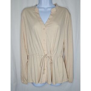 Clearlove Women's Beige V-Neck Long Sleeve Button Up Waist Tie Top Size XL NWT